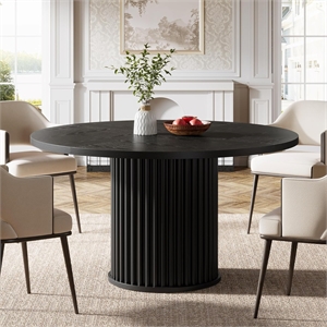 47.24&quot Modern Fluted Black Round Dining Table with Metal Base for 4-6