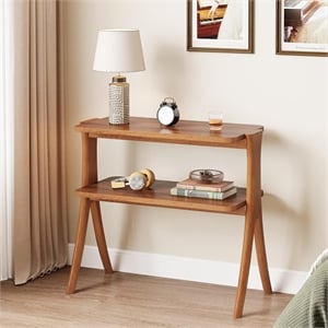 25.2&quot Narrow Walnut Side Table - 2-Tier Small Farmhouse End Table with