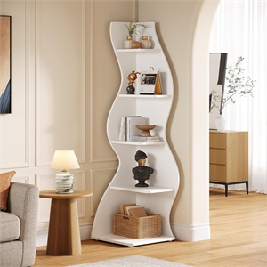 69.8&quotHeight 5-Tier Wavy White Corner Bookshelf and Plant Stand for Living