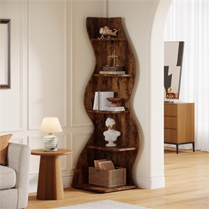 69.8&quotHeight 5-Tier Wavy Brown Corner Bookshelf and Plant Stand for Living