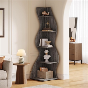 69.8&quotHeight 5-Tier Wavy Gray Corner Bookshelf and Plant Stand for Living