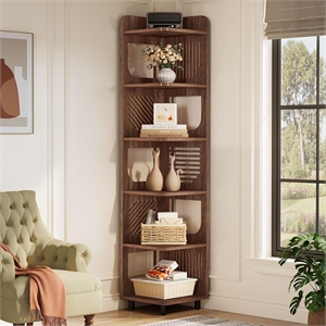 71.65&quot Tall 6-Tier Rustic Brown Narrow Corner Bookshelf Storage for Living