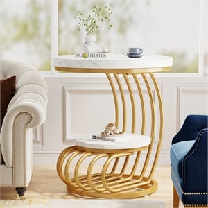 19.68&quot Modern Round End Table with 2-Tier Storage