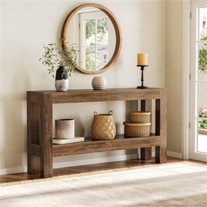 62.99&quot Farmhouse 2-Tier Brown Narrow Wood Console Table with Storage for