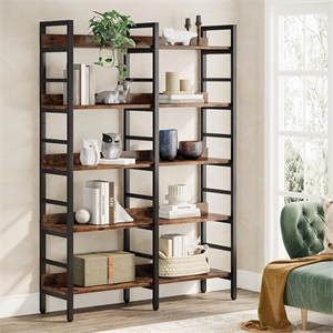 70.86&quot Tall 5-Tier Rustic Brown Double Wide Industrial Bookshelf for