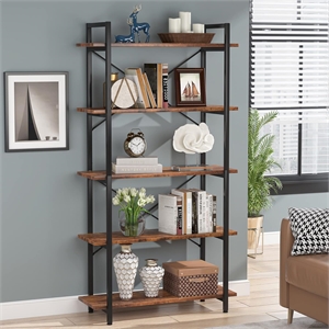 63&quot Tall 5-Tier Rustic Brown Industrial Metal Bookshelf Unit for Living