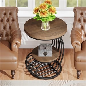 19.68&quot Round Vintage End Table with 2-Tier Storage
