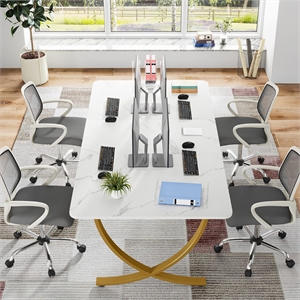 63&quot Executive Office Desk - Modern White & Gold Computer Desk with Faux