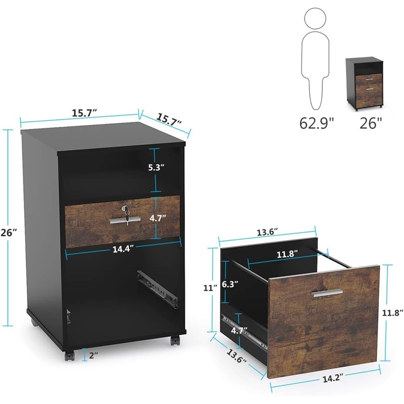 Mobile File Cabinet with Lock/2 Drawer Wood Filing for Letter Size Files