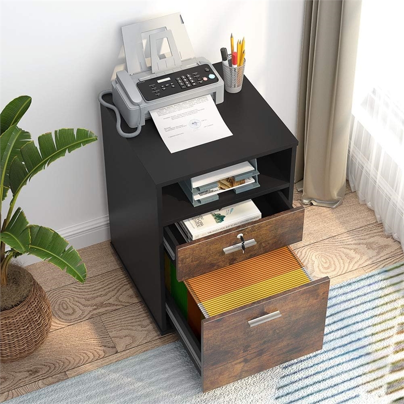 Mobile File Cabinet with Lock/2 Drawer Wood Filing for Letter Size Files