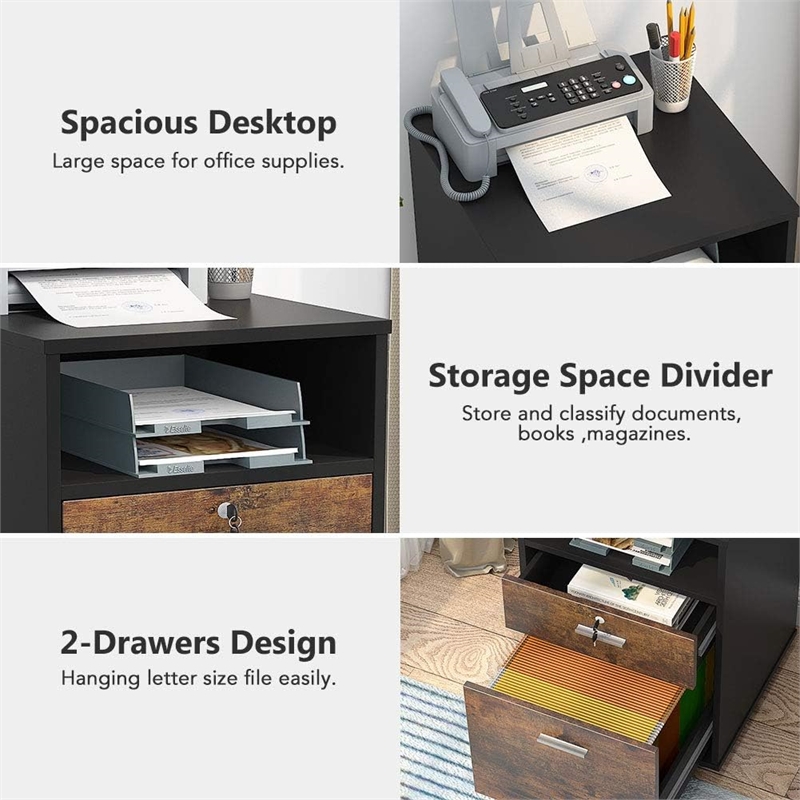 Mobile File Cabinet with Lock/2 Drawer Wood Filing for Letter Size Files