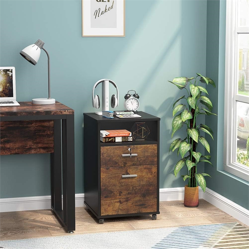 Mobile File Cabinet with Lock/2 Drawer Wood Filing for Letter Size Files