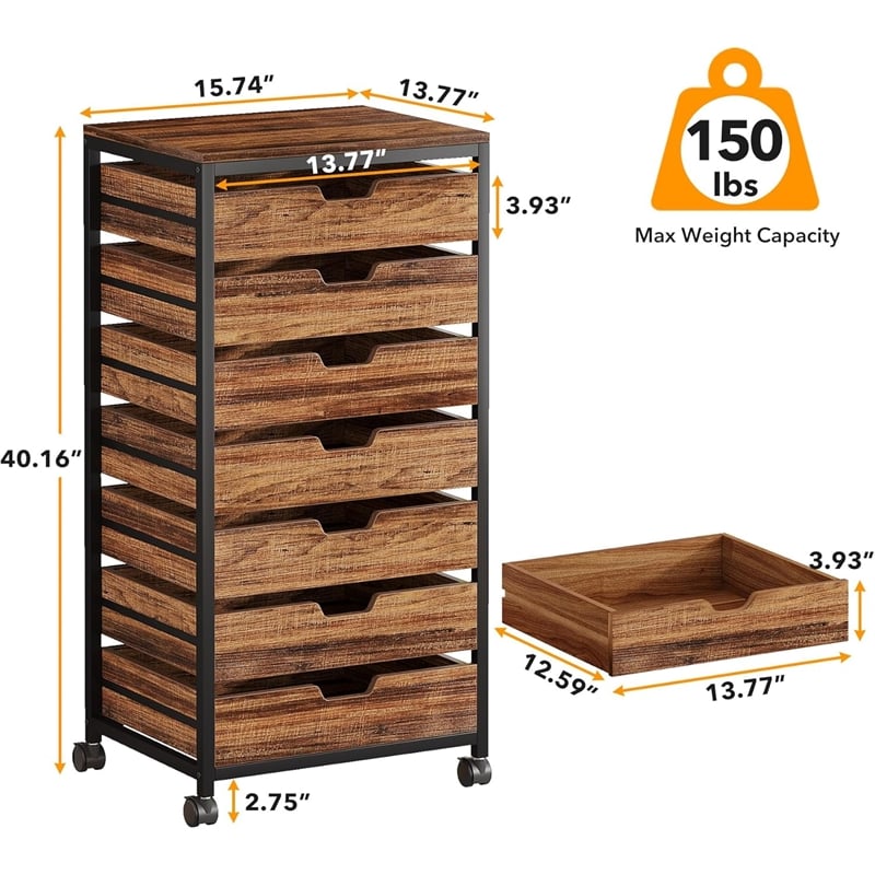 7-Drawer Storage Dresser Cabinet with Wheels/Industrial Wood Chest