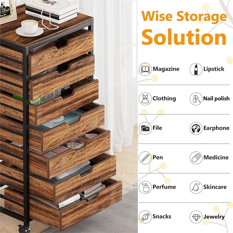 7-Drawer Storage Dresser Cabinet with Wheels/Industrial Wood Chest