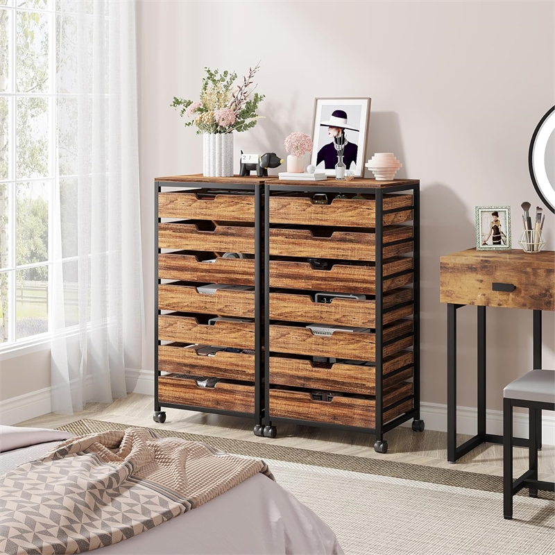 7-Drawer Storage Dresser Cabinet with Wheels/Industrial Wood Chest