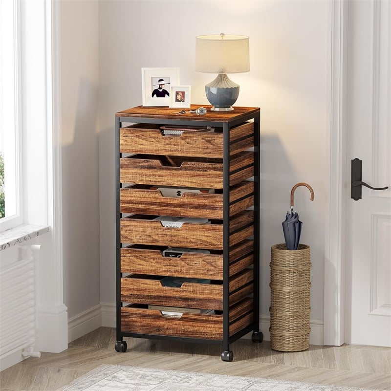 7-Drawer Storage Dresser Cabinet with Wheels/Industrial Wood Chest