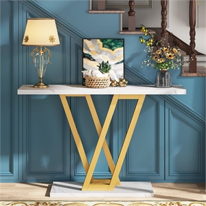 43&quot Modern Gold Console Table with Faux Marble Top/Narrow Entryway