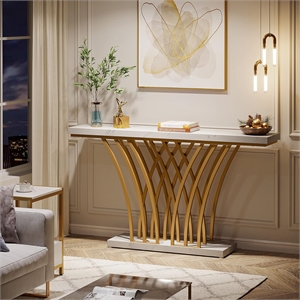 59&quot Gold Console Table/Modern Faux Marble Entryway with Grid Metal Base