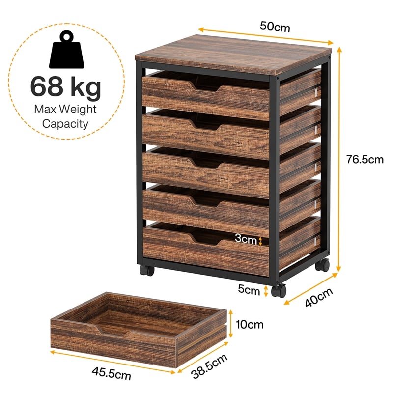5 Drawer Chest/Wood Storage Dresser Cabinet with Wheels/Industrial