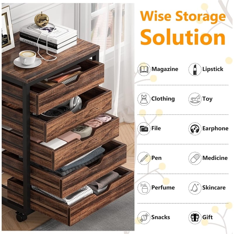 5 Drawer Chest/Wood Storage Dresser Cabinet with Wheels/Industrial