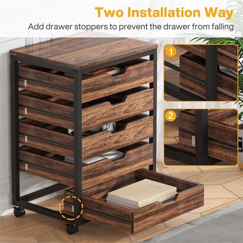 5 Drawer Chest/Wood Storage Dresser Cabinet with Wheels/Industrial