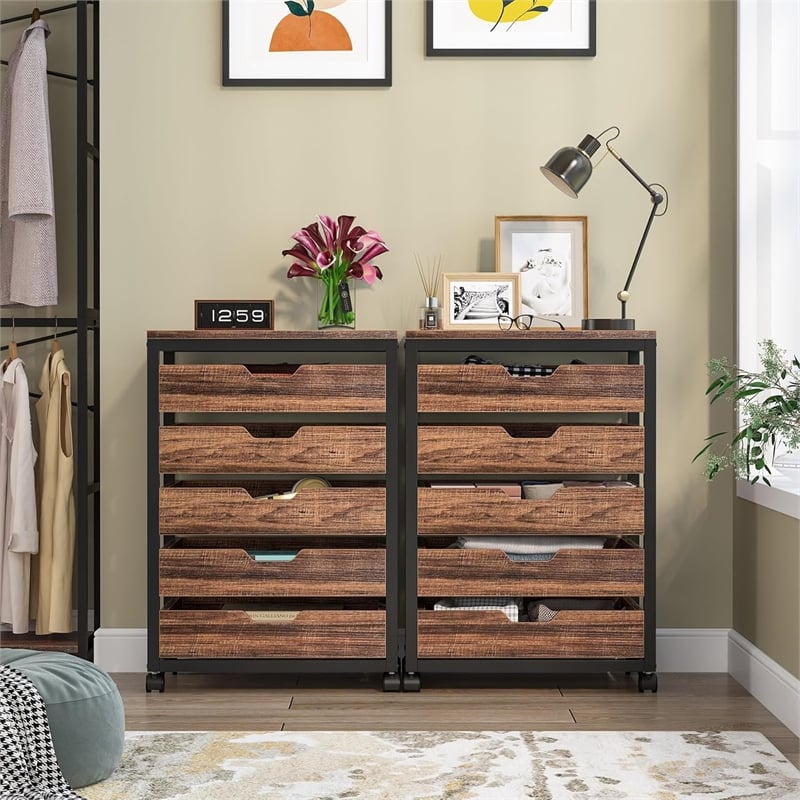 5 Drawer Chest/Wood Storage Dresser Cabinet with Wheels/Industrial