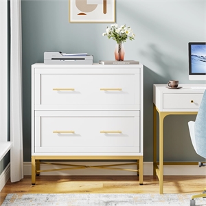 31.49&quot Modern White & Gold 2-Drawer Lateral File Cabinet/Wood Filing