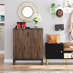 31.5&quot Brown & Black Wooden Shoe Cabinet with Doors/5 Tiers Storage