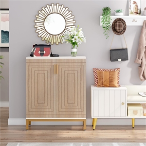 31.5&quot White & Natural Wooden Shoe Cabinet with Doors/5 Tiers Storage