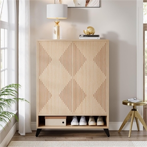 31.49&quot Modern 6-Tier Natural Wood Shoe Cabinet with Doors/Adjustable