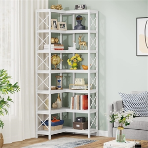 79&quot Tall 7-Tier Large Corner Bookshelf/White Wood & Metal Storage Bookcase
