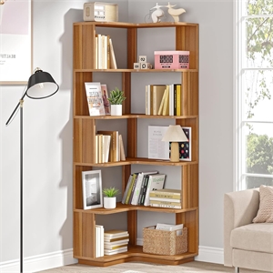 64.96&quot Tall 6 Tier Corner Bookshelf/64.9&quot Industrial L Shaped Bookcase
