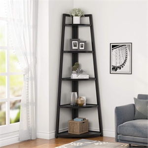 70&quot Tall Corner Shelf/5 Tier Rustic Black Bookshelf Bookcase Industrial