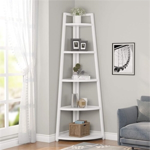 70&quot Tall Corner Shelf/5 Tier Rustic White Bookshelf Bookcase Industrial