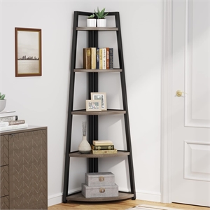 70&quot Tall Corner Shelf/5 Tier Rustic Grey Bookshelf Bookcase Industrial