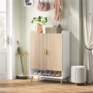 29.6&quot White & Natural Wooden Shoe Cabinet with Doors/7-Tier Storage