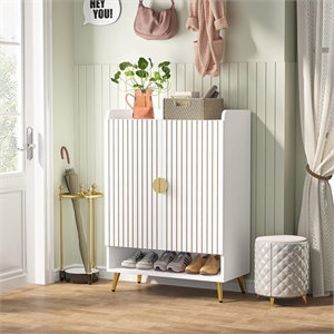 29.6&quot White & Gold Wooden Shoe Cabinet with Doors/7-Tier Storage Organizer