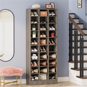 25.6&quot 10-Tier Grey Wooden Shoe Storage Cabinet/Modern 30-Cubby Rack