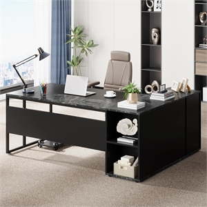 71&quot L-Shaped Executive Desk with Storage Cabinet & Shelves/Black