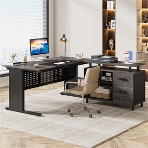 63&quot L-Shaped Executive Desk with File Cabinet/Large Modern Office