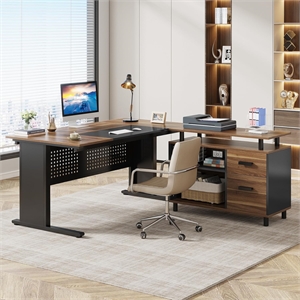 63&quot L-Shaped Executive Desk with File Cabinet/Large Modern Office