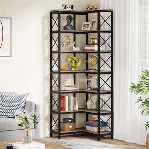 79&quot Tall 7-Tier Large Corner Bookshelf/Grey Wood & Metal Storage Bookcase