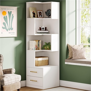 66.93&quot Tall White Corner Bookshelf with 2 Drawers/Office/Bedroom & Living