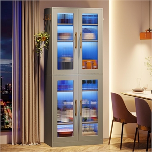 67&quot Tall Gray Bookcase with Doors/LED & 8 Adjustable Shelves Storage