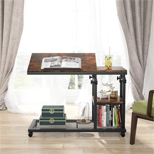 32&quot Width Adjustable C-Shaped End Table with Wheels & Tilting Top