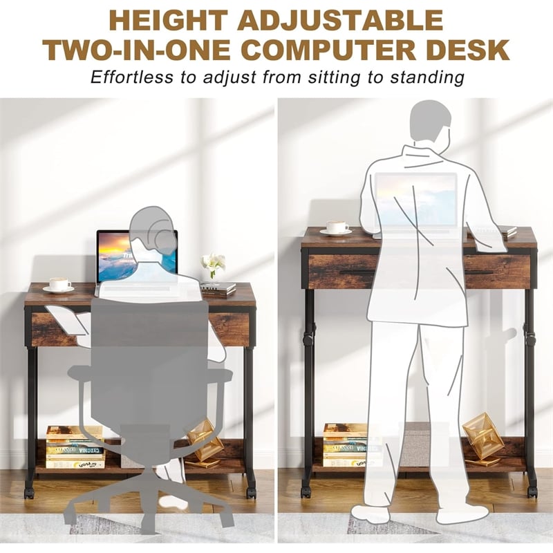 Portable Laptop Desk with Drawer & Wheels/Height Adjustable Rolling