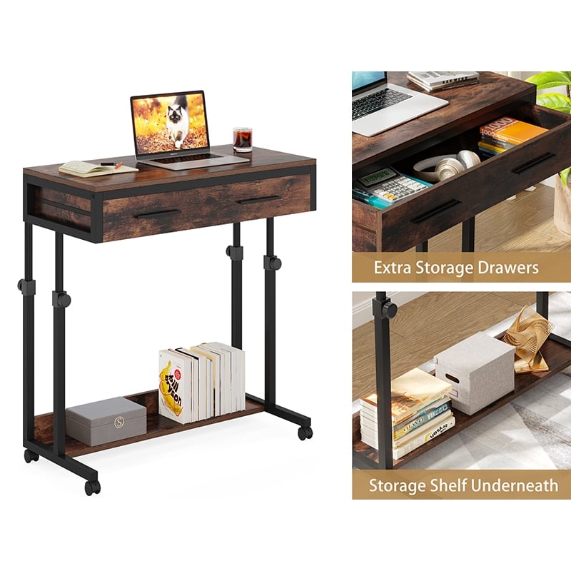 Portable Laptop Desk with Drawer & Wheels/Height Adjustable Rolling