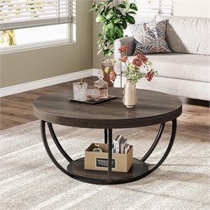 Round Coffee Table/31.7&quot Grey Wooden 2-Tier Circle with Storage Shelves