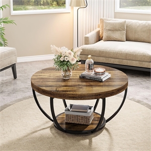 Round Coffee Table/31.7&quot Rustic Brown Wooden 2-Tier Circle with Storage