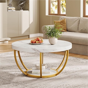Modern Round Coffee Table/31.7&quot 2 Tier with Faux White Marble and Golden